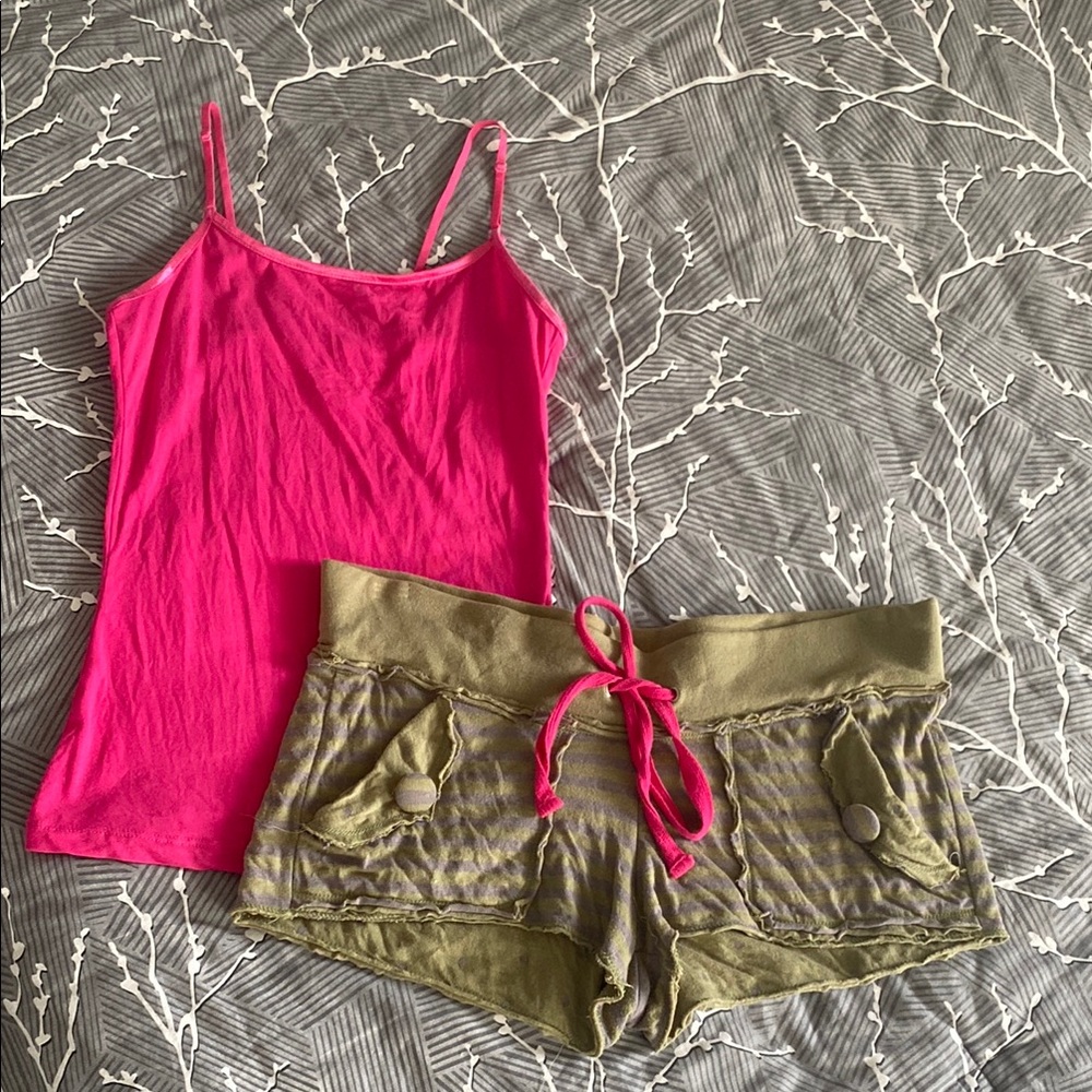 Spaghetti Strap Hot Pink Tank Top & Olive Shorts Set